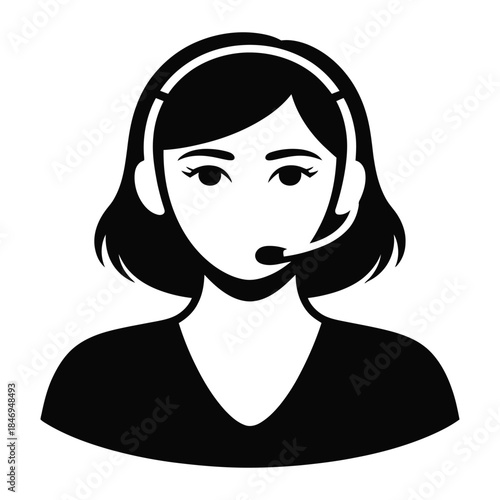 Black and white icon of a customer service representative wearing a headset with microphone
