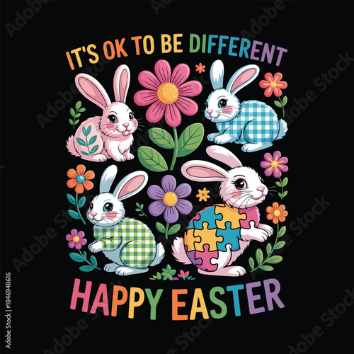 Colorful Easter bunnies celebrating individuality on black
