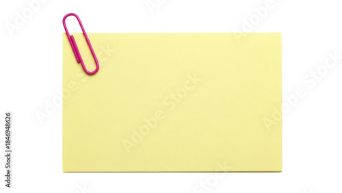 Yellow sticky note with pink paper clip isolated PNG, blank memo pad for reminders and organization on transparent background