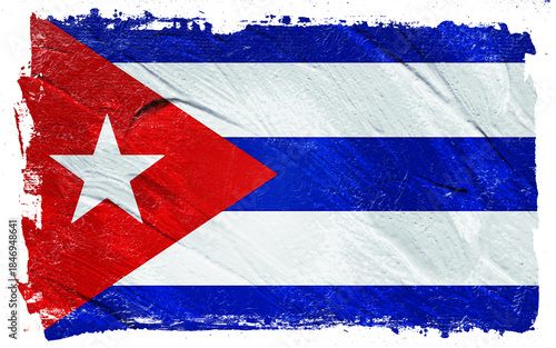 Distressed rendering of a Cuban national flag featuring red, white, and blue horizontal stripes with a white star on a red triangle over a black background.