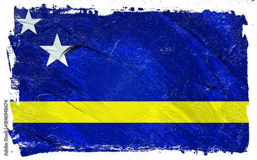Distressed Curacao Flag with Brushstroke Texture, displaying the national colors in blue and yellow and two distinct white stars on the upper portion.