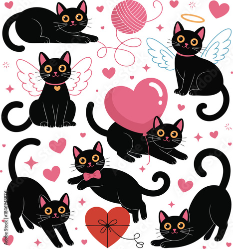 Adorable black cats with hearts and wings on white background