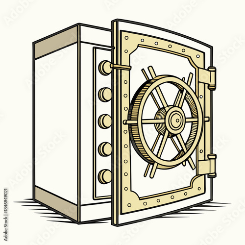 Digital safe vault door reflecting golden light