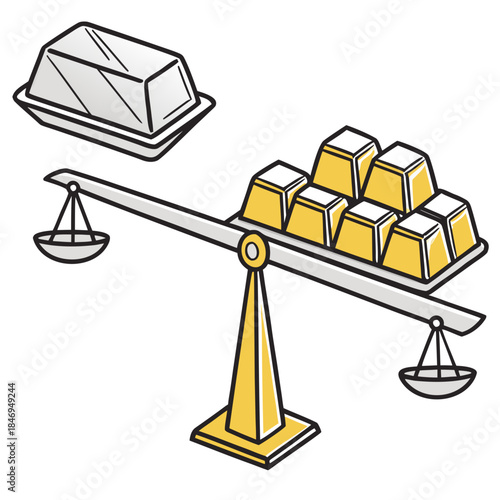 Gold bars balanced on seesaw with silver bar scales