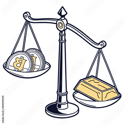 Scale weighing gold bar versus digital coin bitcoin