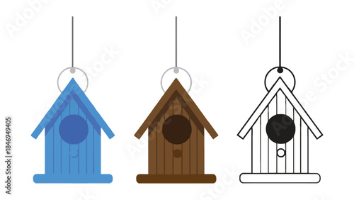 Colorful birdhouses hanging from strings in blue, brown, and white
