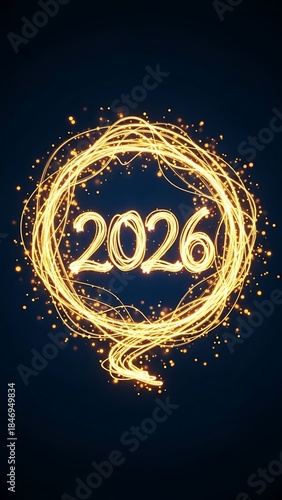 Golden glowing numbers 2026 forming a circle of light on a dark background.