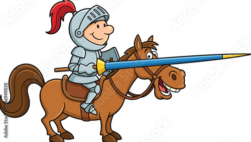Cartoon knight on horse, silver armor, red plume, jousting pose, medieval theme, cheerful horse, fantasy character -flat vector illustration