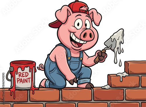 Cartoon pig bricklayer, red cap, blue overalls, trowel with cement, brick wall, cheerful worker, construction theme -flat vector illustration