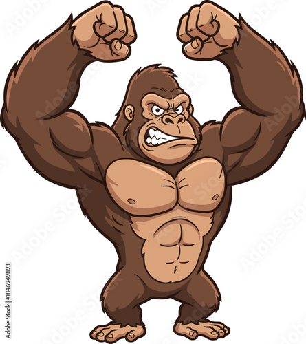 Cartoon muscular gorilla, clenched fists, intense face, upright pose, power stance, aggressive expression, strong animal -flat vector illustration