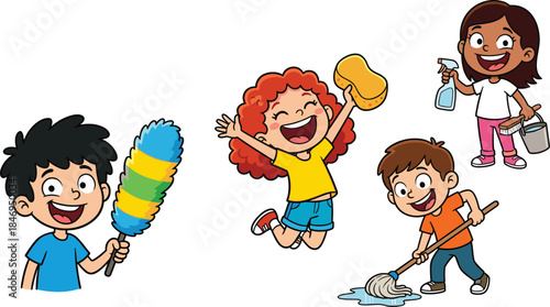 Cartoon children cleaning, feather duster, sponge, spray bottle, mop, teamwork, household chores, happy kids, responsibility theme -flat vector illustration