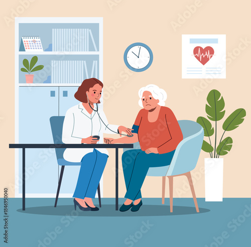 Healthcare consultation, doctor checking blood pressure of senior patient. Vector flat style cartoon illustration