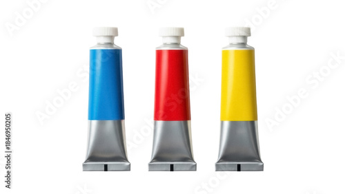 Primary color paint tubes PNG isolated on transparent background, blue red and yellow artist supplies for painting and creative projects