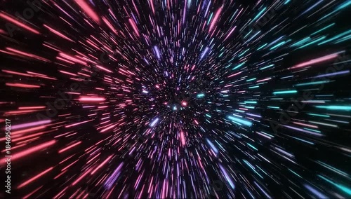 Vibrant neon light streaks radiate from a dark center, creating a dynamic cosmic burst with glows!!!
