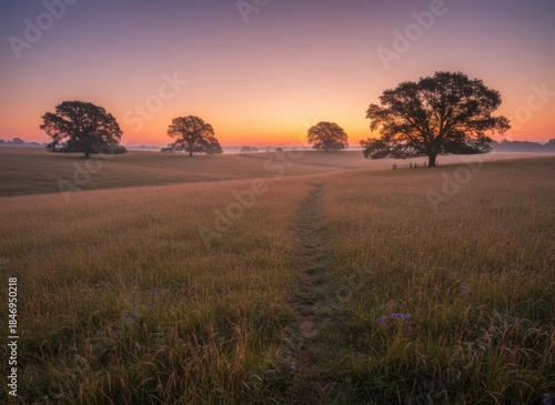 Serene Sunrise Over Foggy Field with Majestic Trees and Pathway