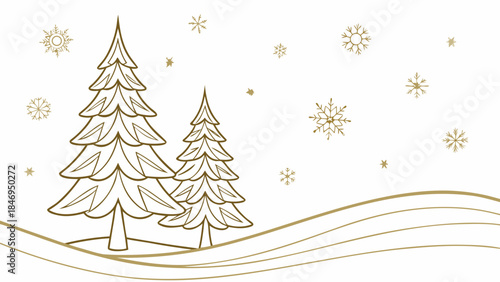Minimalist gold winter scene with two stylized pine trees on a snowy hill, surrounded by delicate snowflakes and stars.