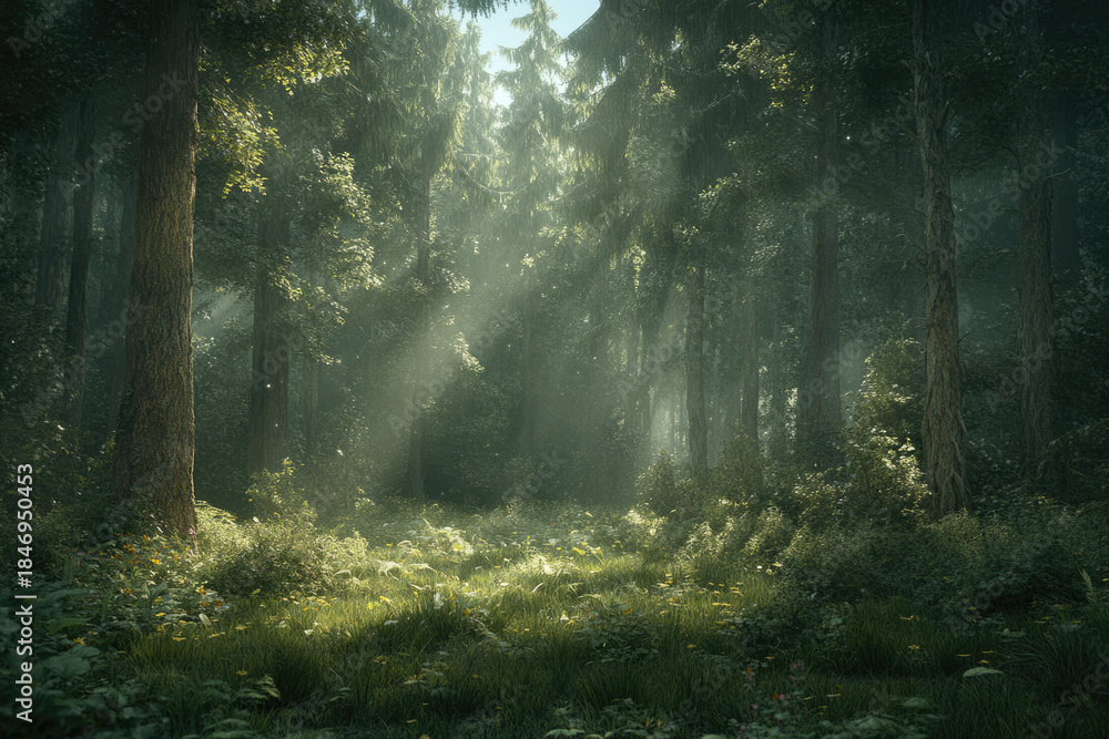 Obraz premium The Tranquil Beauty of a Cinematic Forest Under Soft Sunlight