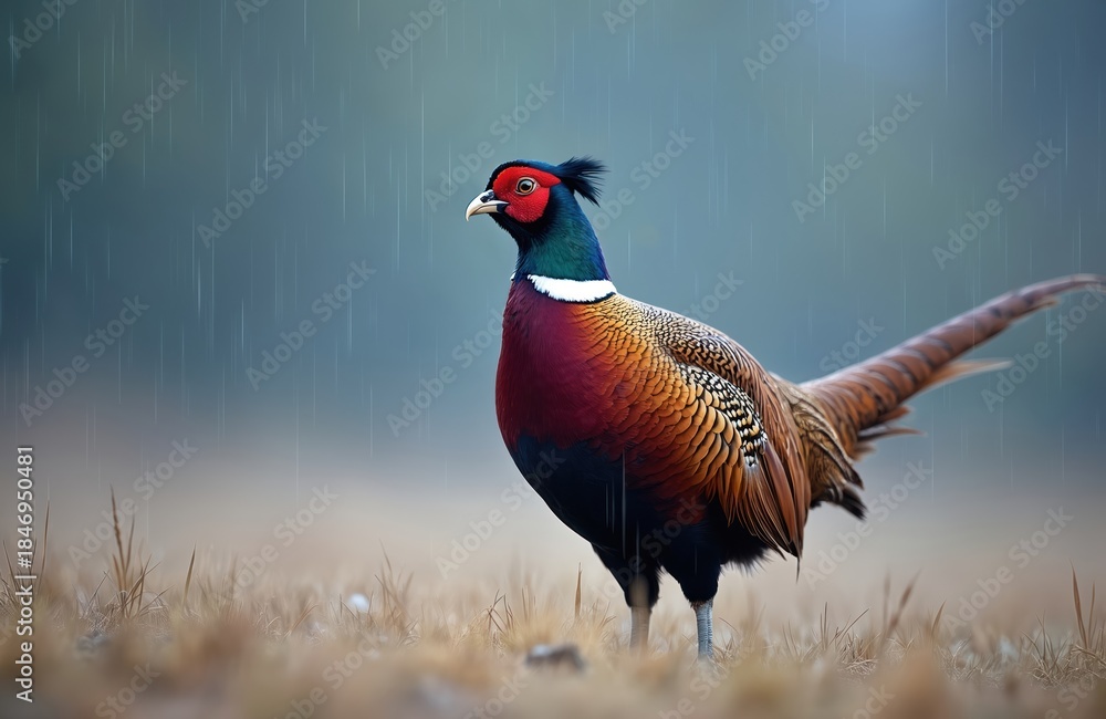 Fototapeta premium Male common pheasant stands in dry grass during rain. Bird displays colourful plumage. Wild animal in natural outdoor habitat. Blue sky background with water drops.