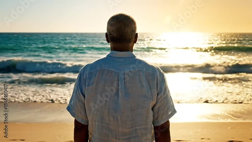 Elderly man with gray hair stands on a sandy beach at sunset looking out at the ocean waves reflecting the golden sun with a serene expression wearing a light blue collared shirt