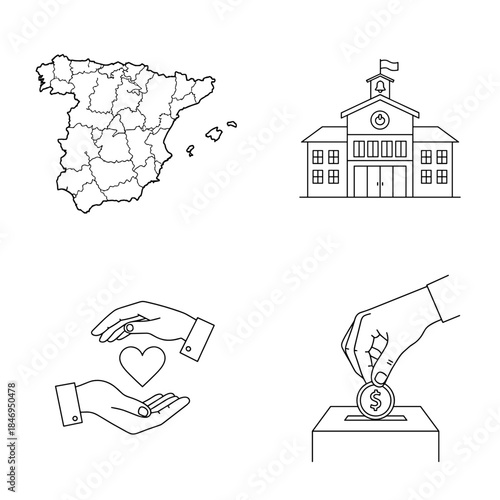 Outline of Spain map with school, donation hands, and coin slot  