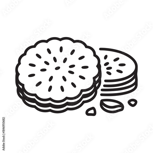 Simple line drawing depicts a stack of cookies with crumbs nearby