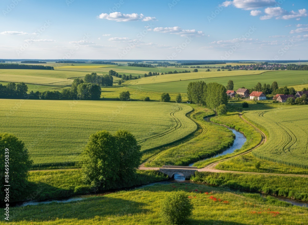 Fototapeta premium Serene Landscape with Farmland, River, and Scenic Horizon View