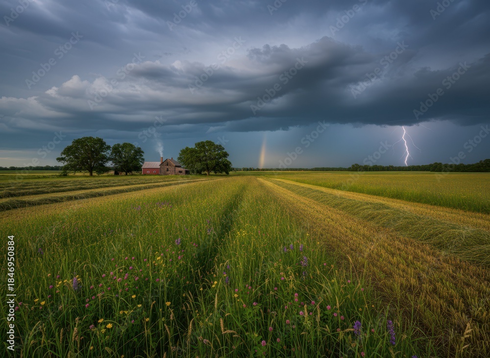 Obraz premium Dramatic Landscape with Lightning and Rainbow Over Golden Fields