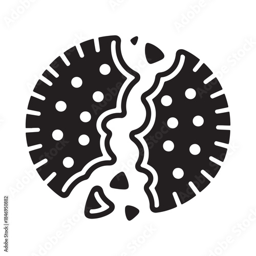 A simple black and white illustration of a broken cookie with crumbs