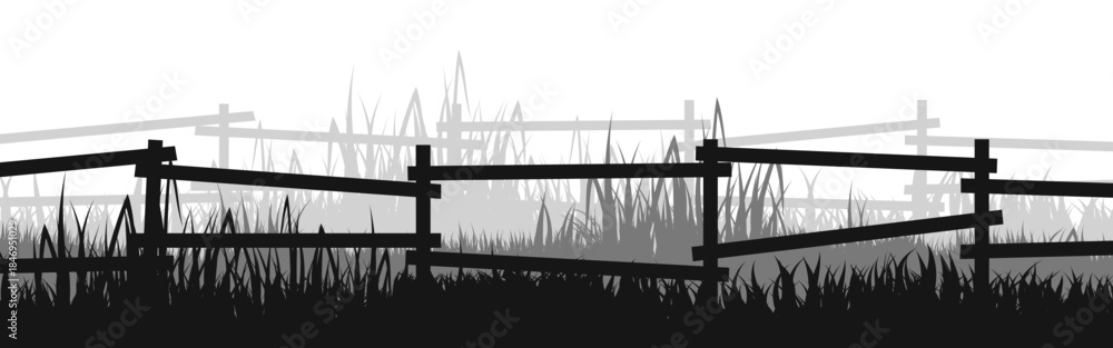 Fototapeta premium Meadow silhouettes with grass and old wooden fence. Countryside, panoramic summer lawn rural landscape with herbs, weeds. Herbal border, frame element. Black horizontal banners. Vector illustration