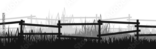 Meadow silhouettes with grass and old wooden fence. Countryside, panoramic summer lawn rural landscape with herbs, weeds. Herbal border, frame element. Black horizontal banners. Vector illustration