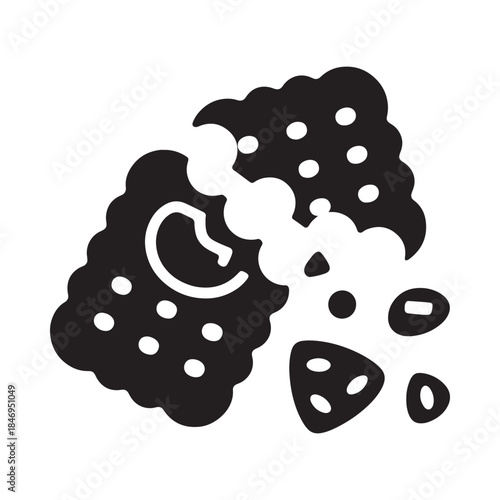 A broken chocolate chip cookie with crumbs depicted in a simple black and white style