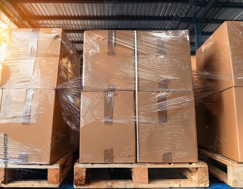 close up of shrink wrapped cardboard boxes on a pallet in storage