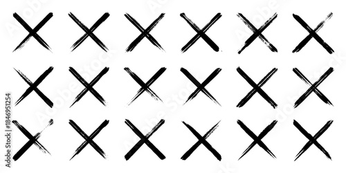 Grunge crosses, brush strokes, x mark, lines, ink smudges, hand-drawn scribble shapes. Handmade sketchy marks, acrylic stains, charcoal streaks. Paint textures, dry brush effect. Vector illustration