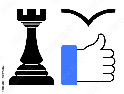 Chess strategy. Chess rook combined with thumbs-up and abstract shapes to highlight chess strategy, decision-making, and social interaction. For education, teamwork, gaming, social media, planning
