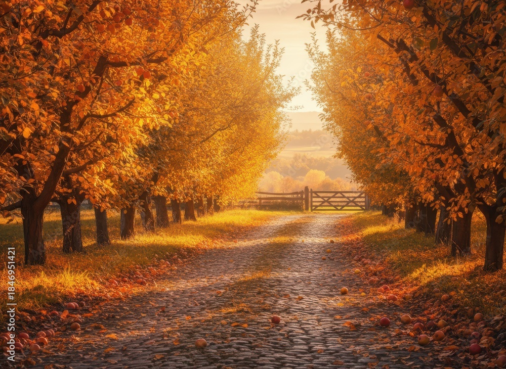 Fototapeta premium Serene Autumn Pathway Through Golden Leafy Trees at Sunset