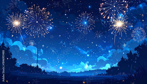 Night sky fireworks over forest and lake celebrating under starlit blue horizon