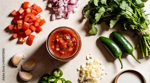 Tasty salsa sauce in jar and ingredients on light table, flat lay