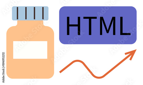 Medicine bottle, HTML text, and upward-trending arrow symbolizing growth, development, or technical improvement. Ideal for health tech, coding, data growth, innovation digital health software