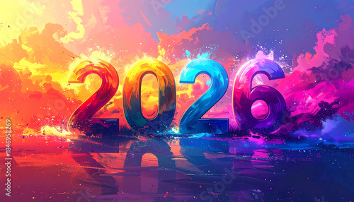 2026 in vibrant multicolor paint with reflective water and dynamic abstract splash background conveying energetic celebration and optimism