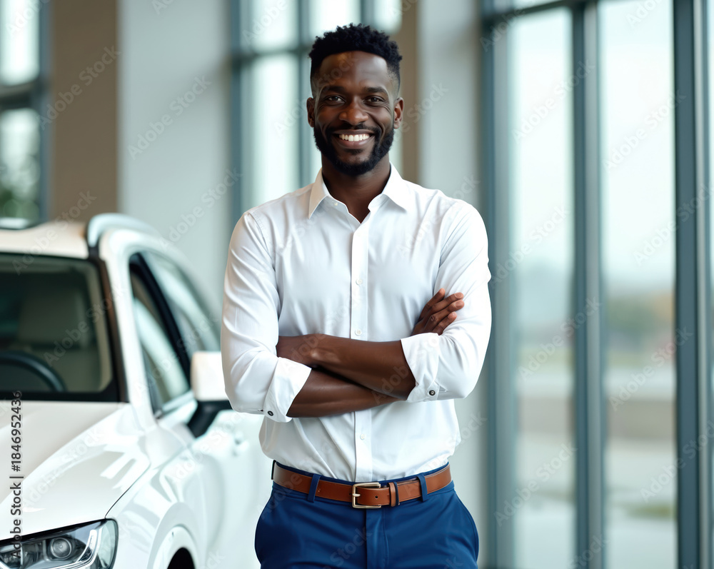 Obraz premium Smiling African American man poses near a new white car. He crosses arms looking directly at camera. Cheerful black guy wears a white shirt and pants in the dealership.