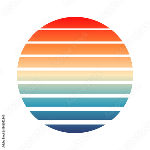 Vintage colorful sunset. Striped gradient sunrise badge in 80s and 90s style. Sun and ocean view, summer vibes, surfing. Design element for print, logo or t-shirt. Vector illustration