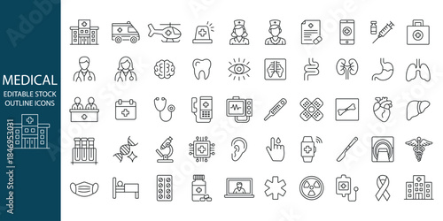 Hospital and medical health care editable stroke outline icons set.