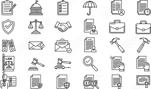 Legal and administrative icon set, law symbols, justice tools, professional service graphics, vector illustration, minimal style, business documentation theme