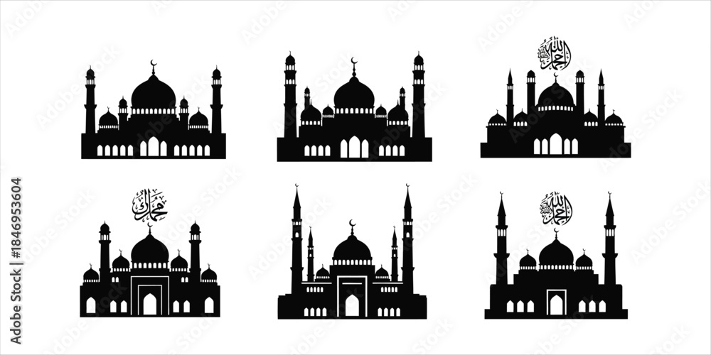 Fototapeta premium Six mosque silhouettes with distinct architectural features