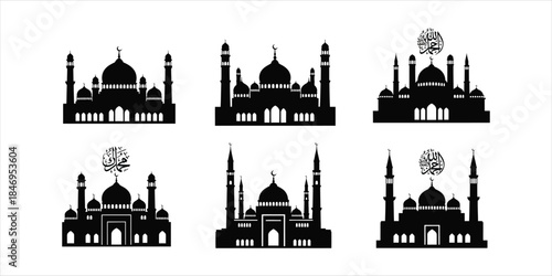 Six mosque silhouettes with distinct architectural features