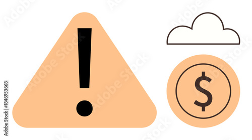 Large exclamation mark in a warning triangle besides a cloud outline and dollar coin. Ideal for finance, cloud computing, data risk, cybersecurity, economy, caution, and simplified representation. A
