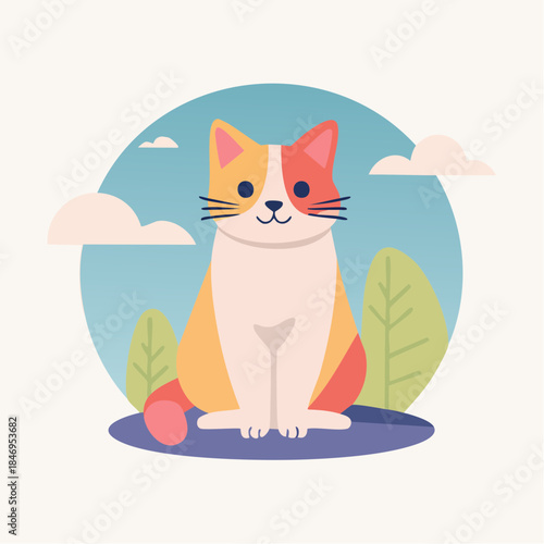 Adorable Cat Illustration Sitting Outdoors with Cute Clouds and Leaves in a Whimsical Style