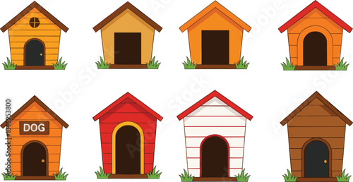 Vector Collection of Cute Cartoon Dog Houses and Kennels; Different Colored Wooden Pet Shelters with Grass for Home and Animal Design