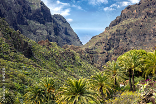Masca Gorge (Barranco de Masca) panoramic view of spectacular gorge and village in northwestern Tenerife, Canary Islands, Spain.