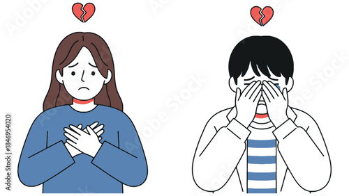 Sad couple crying with broken hearts above their heads